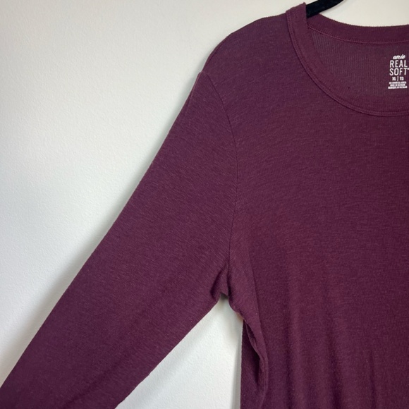 Aerie Real Soft Ribbed Shirt Burgundy Long Sleeve Round Neck Stretch Top Size XL - Picture 4 of 10